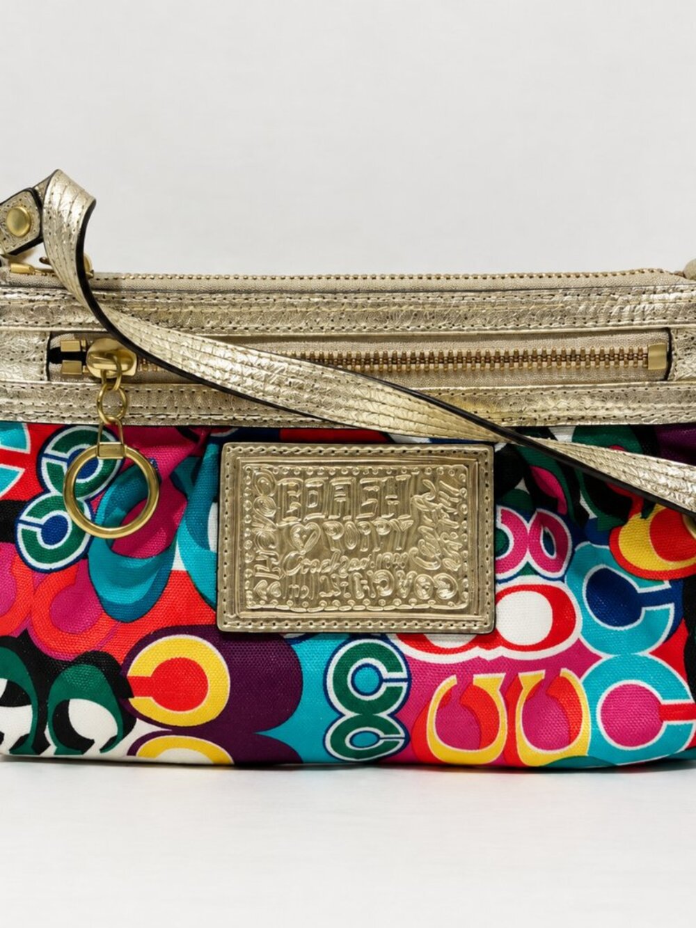 Coach Poppy Pop C Multicolor Wristlet Gold Metallic Strap Y2K